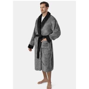 Grey & Black Unisex Adults One-Size Soft Plush Sherpa Robe Bathrobe - PAVILIA